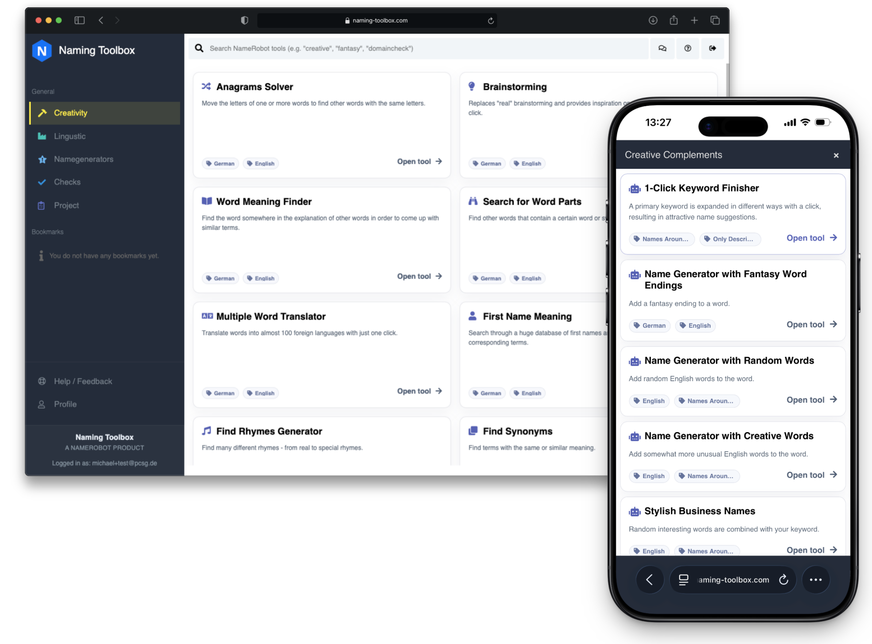 Naming Toolbox für kreative Namensfindung mit Namensgenerator und Keyword Tools für Marken, Startups und Projekte Naming Toolbox Screenshot mit Namensgenerator, Keyword Generator und Kreativ-Tools für Branding auf Desktop und Smartphone